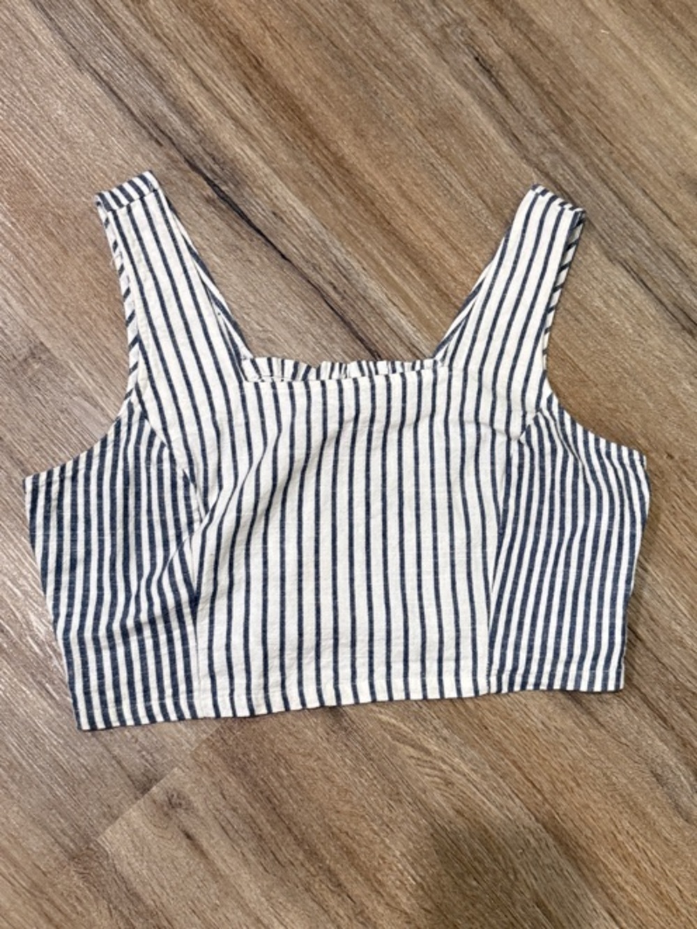 Striped Square-Neck Crop Tank Top - Blue/White Cotton Linen Blend